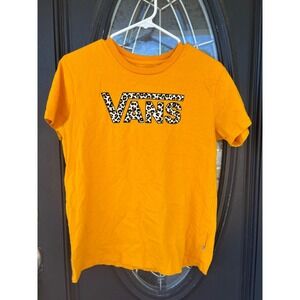 Vans Womens Mustard Yellow Leopard Print Logo Graphic Tee Small Short Sleeve